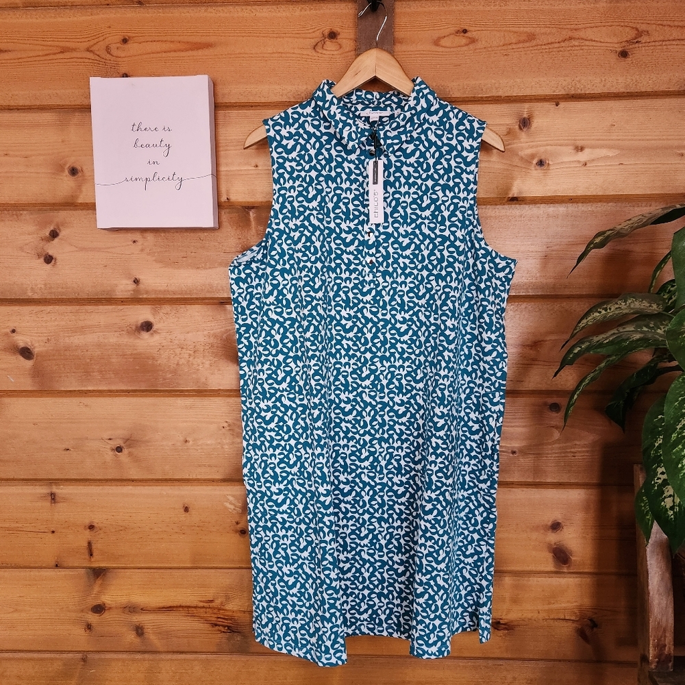 Chico's NWT Zenergy UPF Geo Sleeveless Polo Shirt Dress Peacock Blue Size 3 / XL